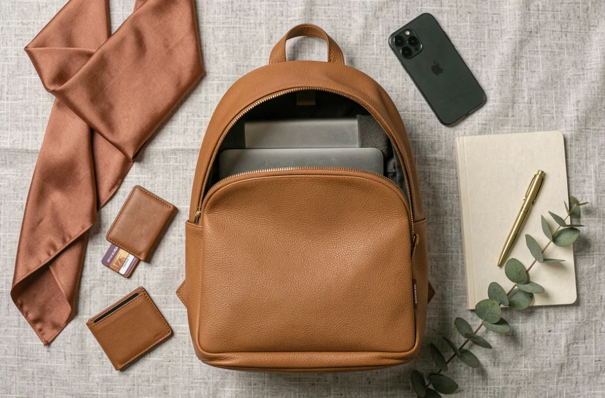 Flat lay stylé d'un sac à dos femme en cuir camel avec accessoires urbains chics sur fond lin gris