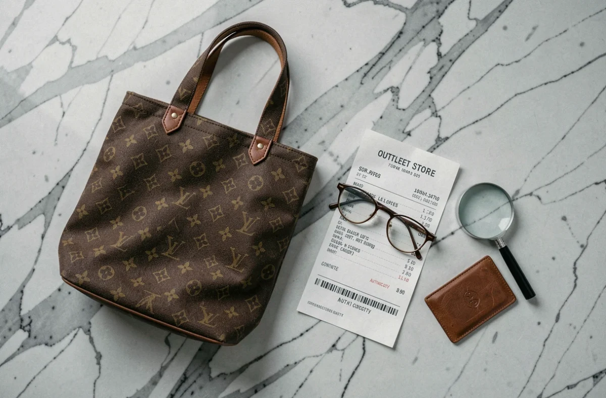 Mise à plat d'un sac monogramme avec reçu d'outlet, loupe et carte d'authenticité sur marbre gris, illustration de la vérification d'un achat de luxe