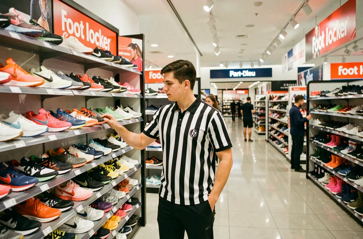 Intérieur du magasin Foot Locker de Lyon Part-Dieu avec un vendeur en uniforme rayé noir et blanc aidant un client devant un mur de sneakers