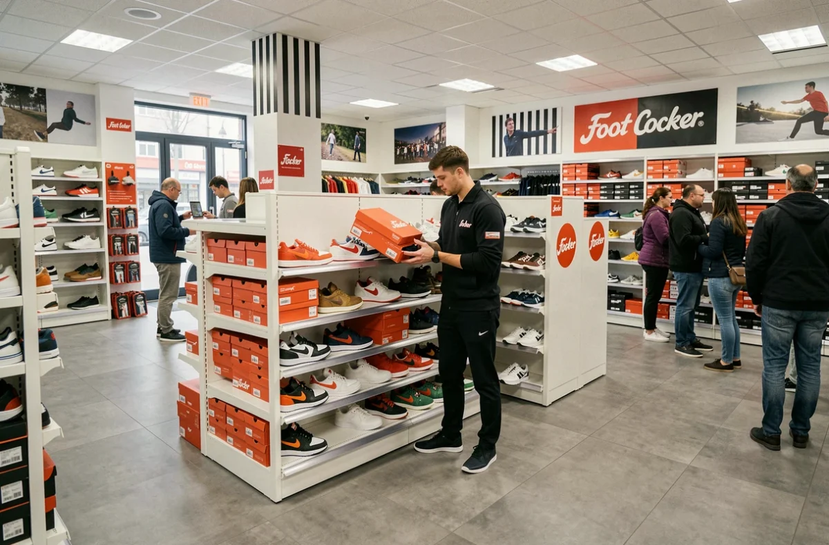 Magasin Foot Locker de Saint-Etienne avec un employé réassortissant des rayons de sneakers pendant que des clients parcourent les collections