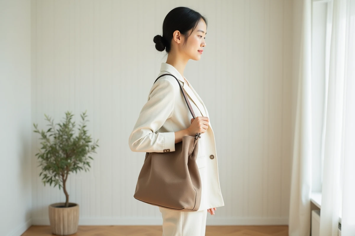 Femme petite en costume crème tenant un grand sac seau en daim taupe dans un studio épuré scandinave