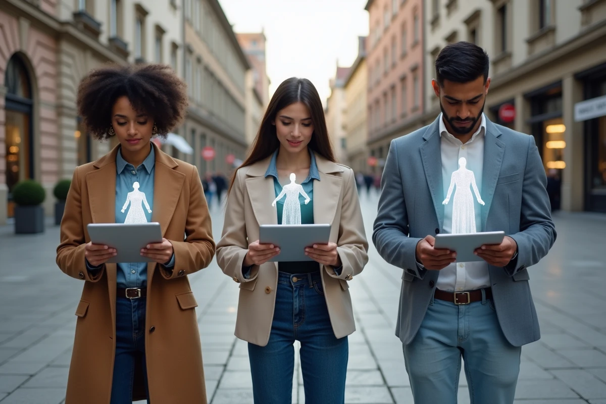Groupe de jeunes interactant avec des vêtements virtuels en ville