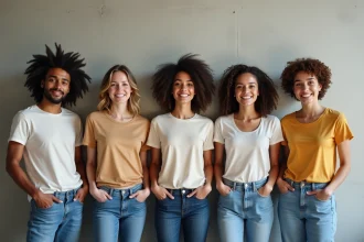 Groupe divers d adultes en t-shirts et jeans dans un studio lumineux