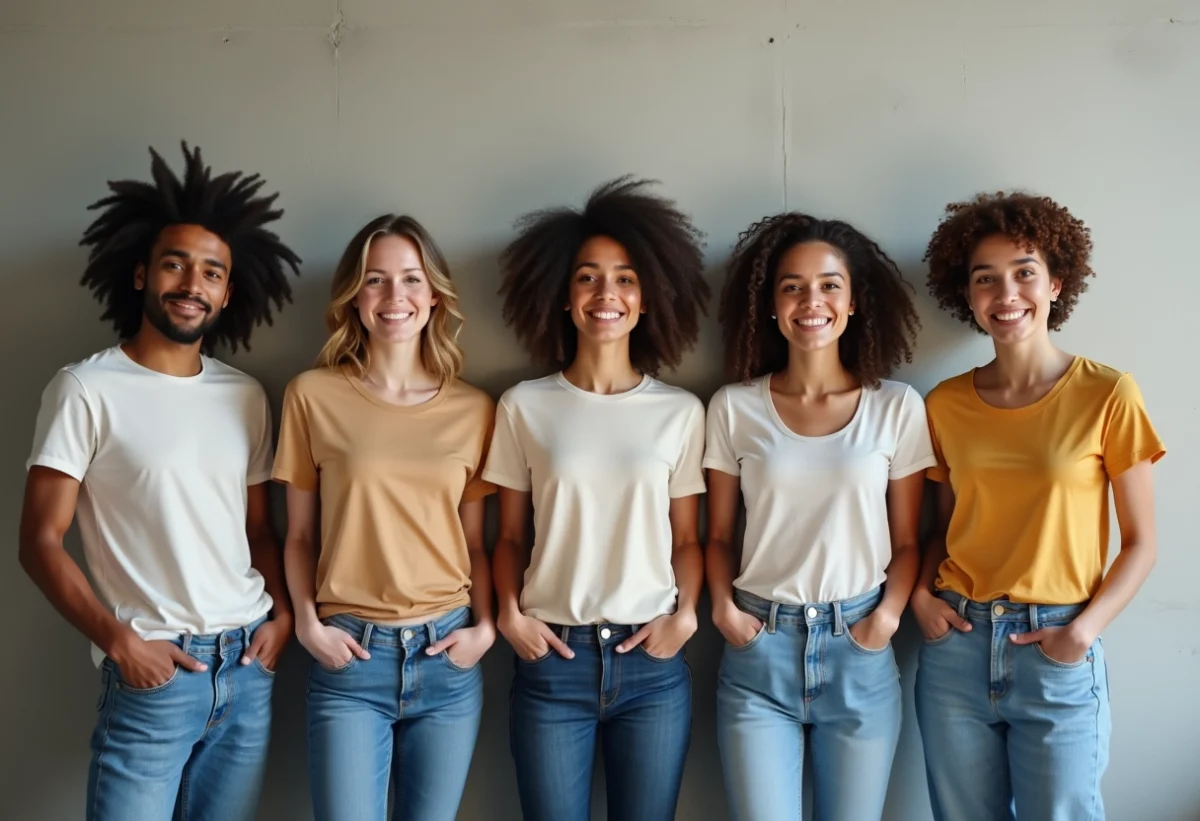 Groupe divers d adultes en t-shirts et jeans dans un studio lumineux