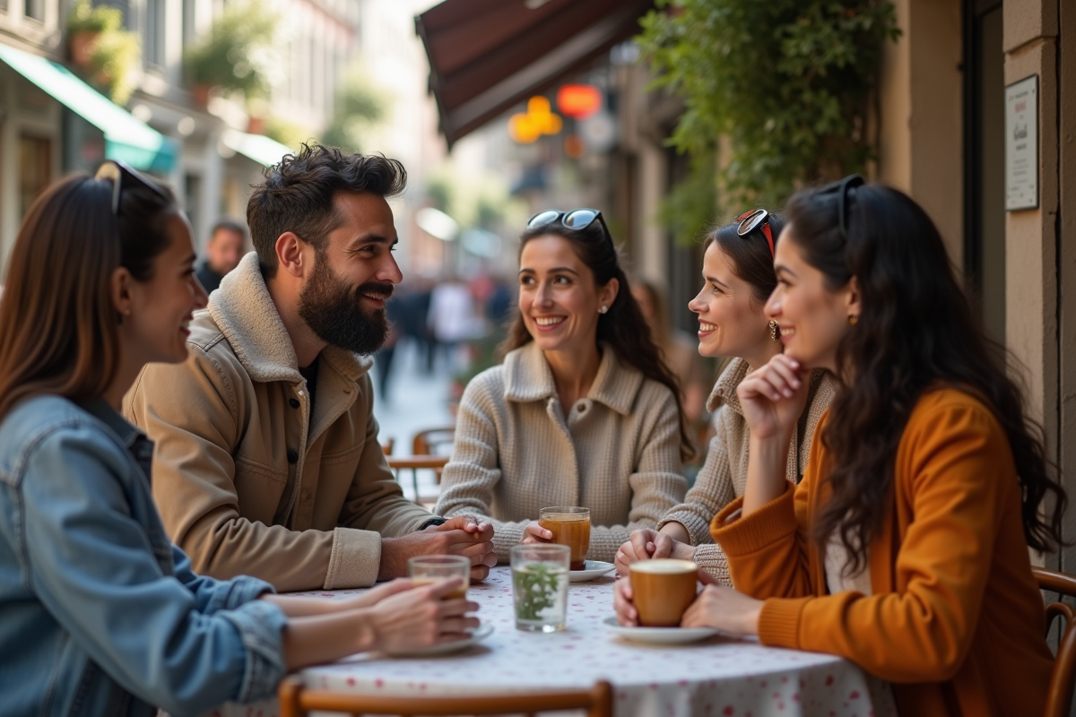 Groupe de femmes et homme au café en terrasse
