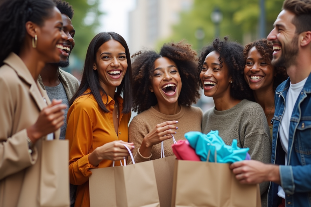 Groupe de personnes souriantes avec sacs réutilisables