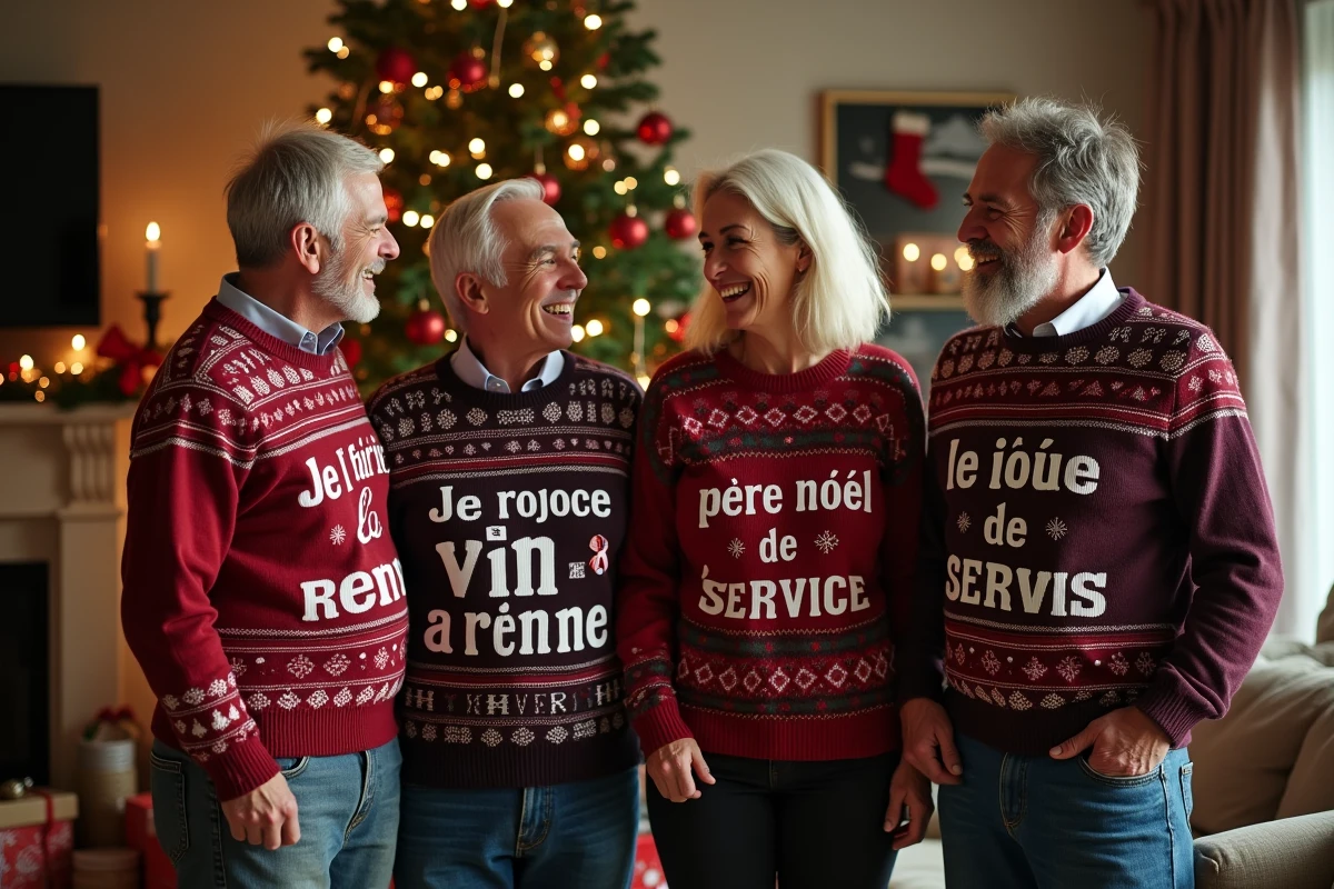 Groupe d'adultes en pulls de Noël personnalisés avec des messages drôles dans un salon décoré pour les fêtes