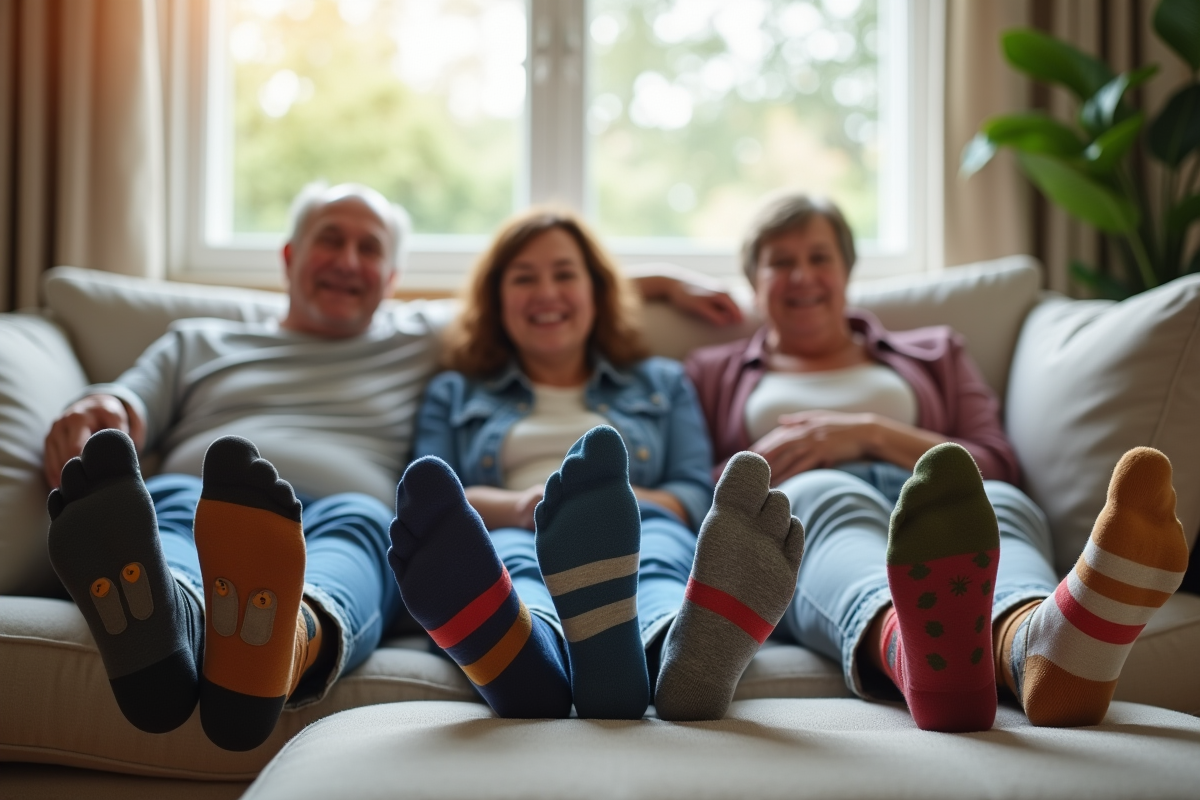 Groupe de personnes relaxant en chaussettes à motifs dans un salon