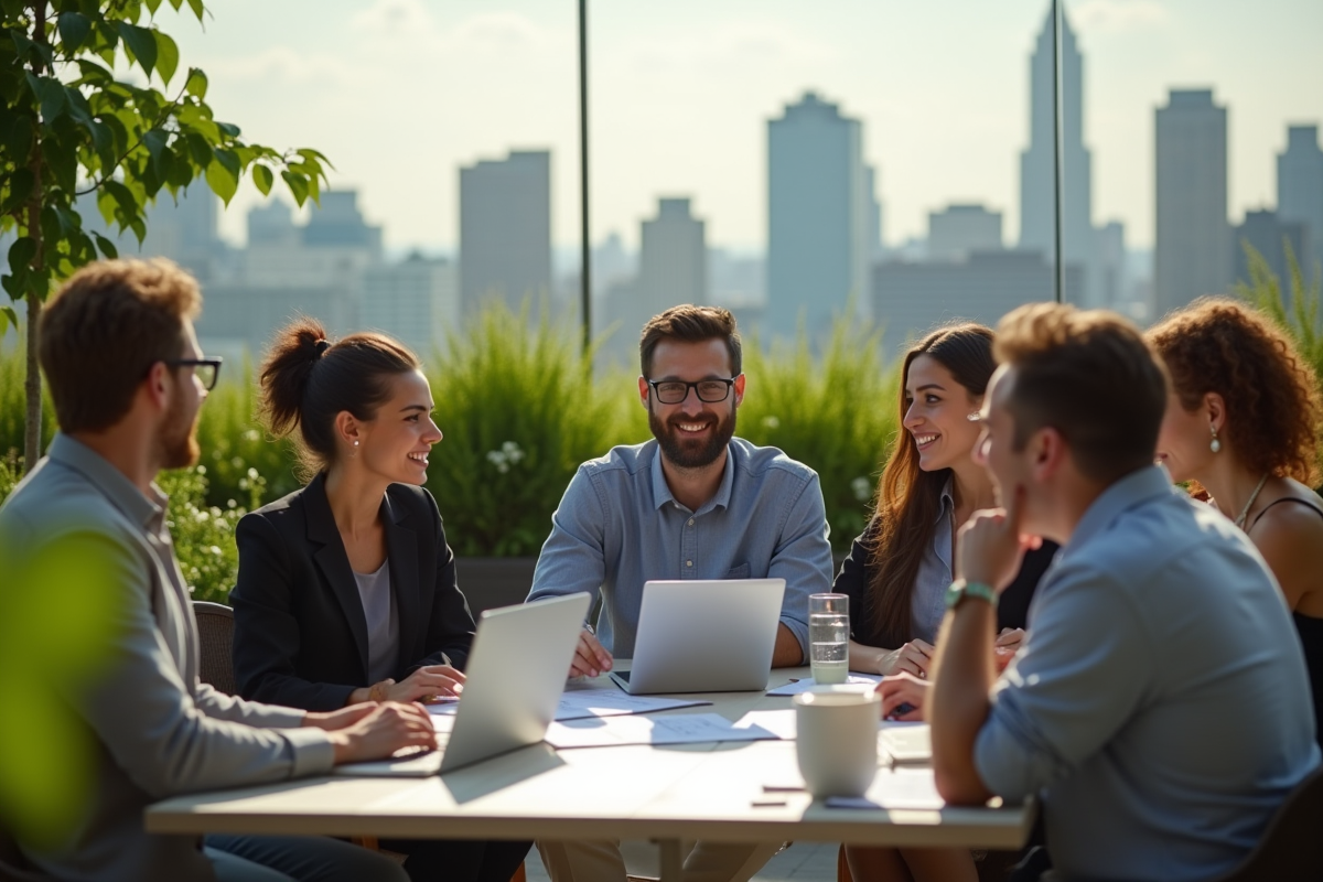 Groupe de jeunes professionnels discutant en extérieur sur un rooftop