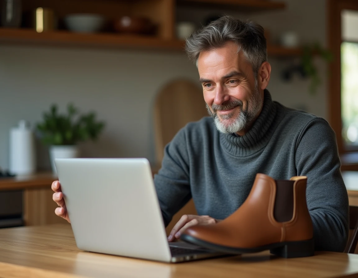 Homme consultant un tableau de conversion de pointures UK, France et US sur ordinateur portable en tenant une botte en cuir à la maison