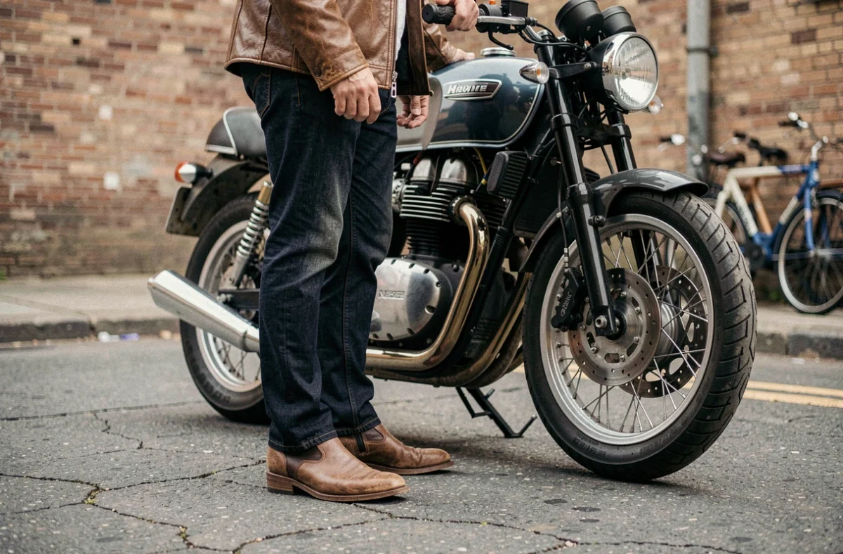 Homme en bottines cowboy moto à côté d'une moto rétro sur une rue urbaine, vue trois quarts mettant en valeur les détails des bottes et la tenue de motard