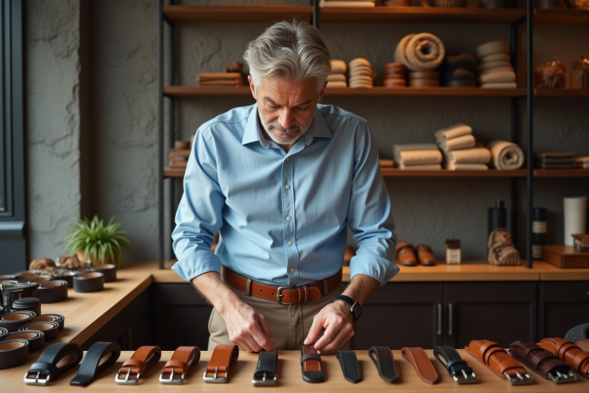 Homme d age moyen choisissant une ceinture dans une boutique élégante