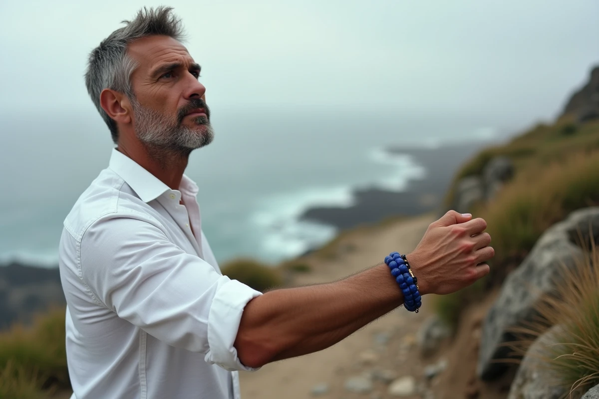 Homme portant un bracelet en lapis lazuli sur un sentier côtier rocheux face à l'océan