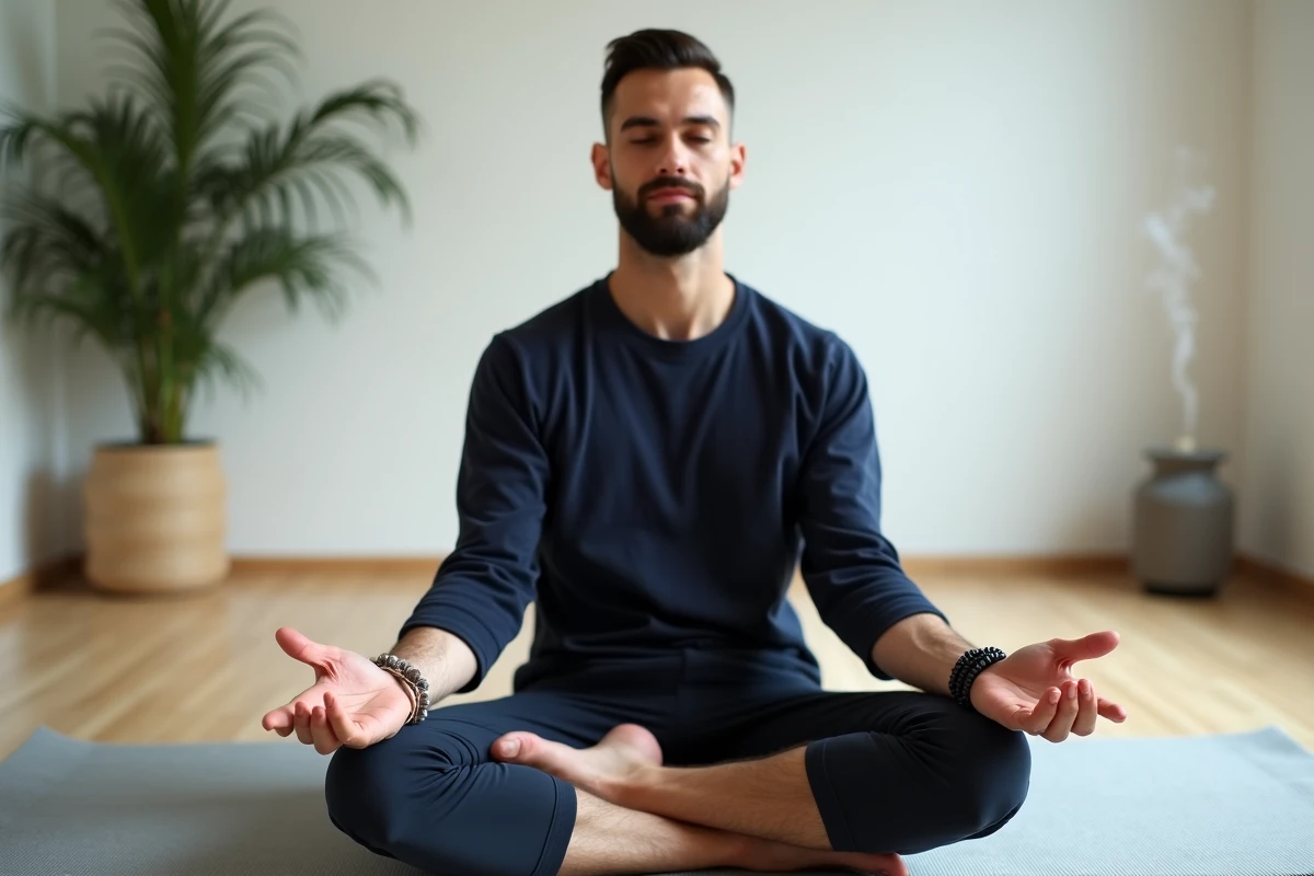 Homme en position de méditation avec un bracelet en quartz rose et pierre de lave volcanique dans un studio de yoga