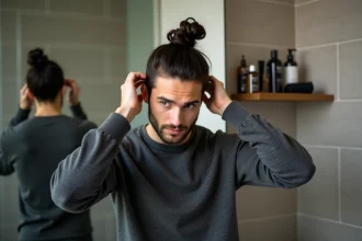 Homme coiffant un bun dans une salle de bain moderne