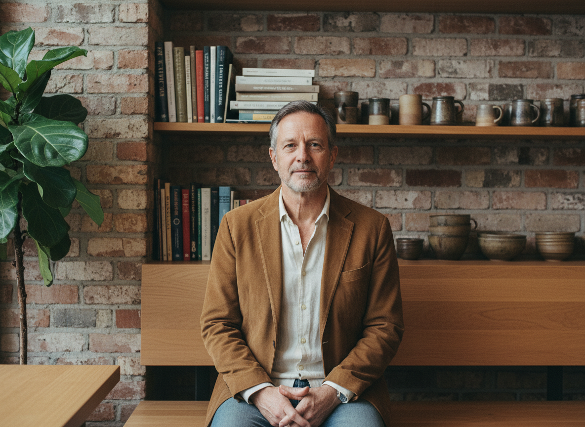Homme d age dans un café en blouson en suede