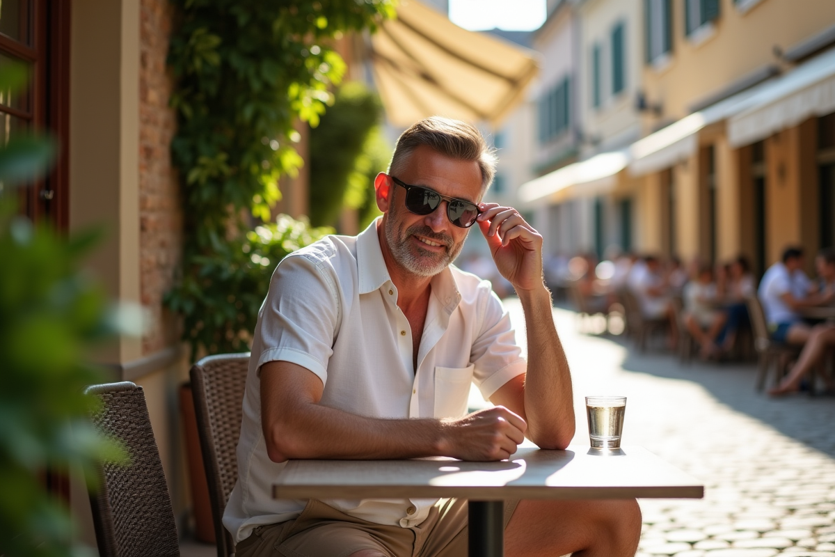 Homme détendu ajustant ses lunettes au café en ville