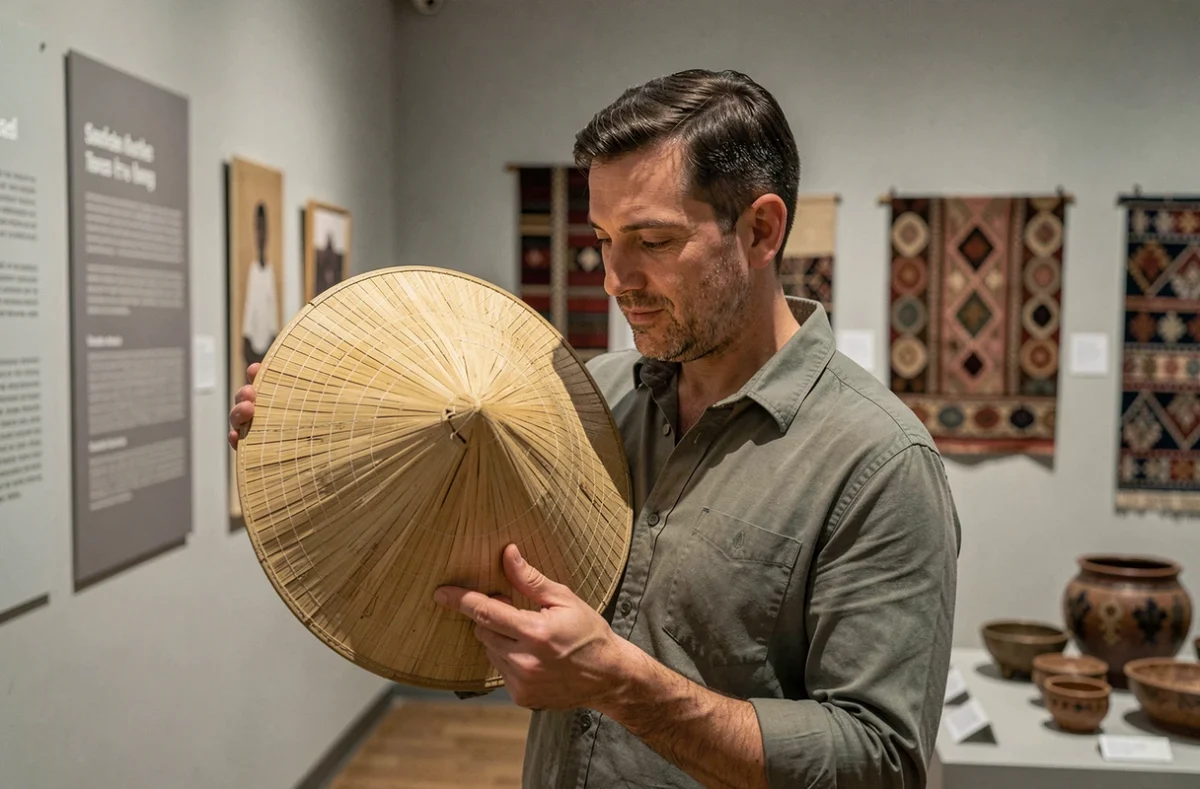 Homme examinant un chapeau de paille asiatique dans une exposition culturelle, questionnant l'appropriation culturelle et le respect des traditions en 2026