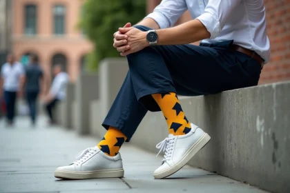 Homme stylé en chino sombre et chaussettes colorées à motifs géométriques dans un cadre urbain, look casual chic assumé