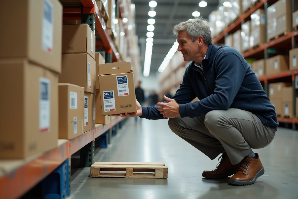 Homme comparant des appareils électroménagers en promotion dans un entrepôt de déstockage