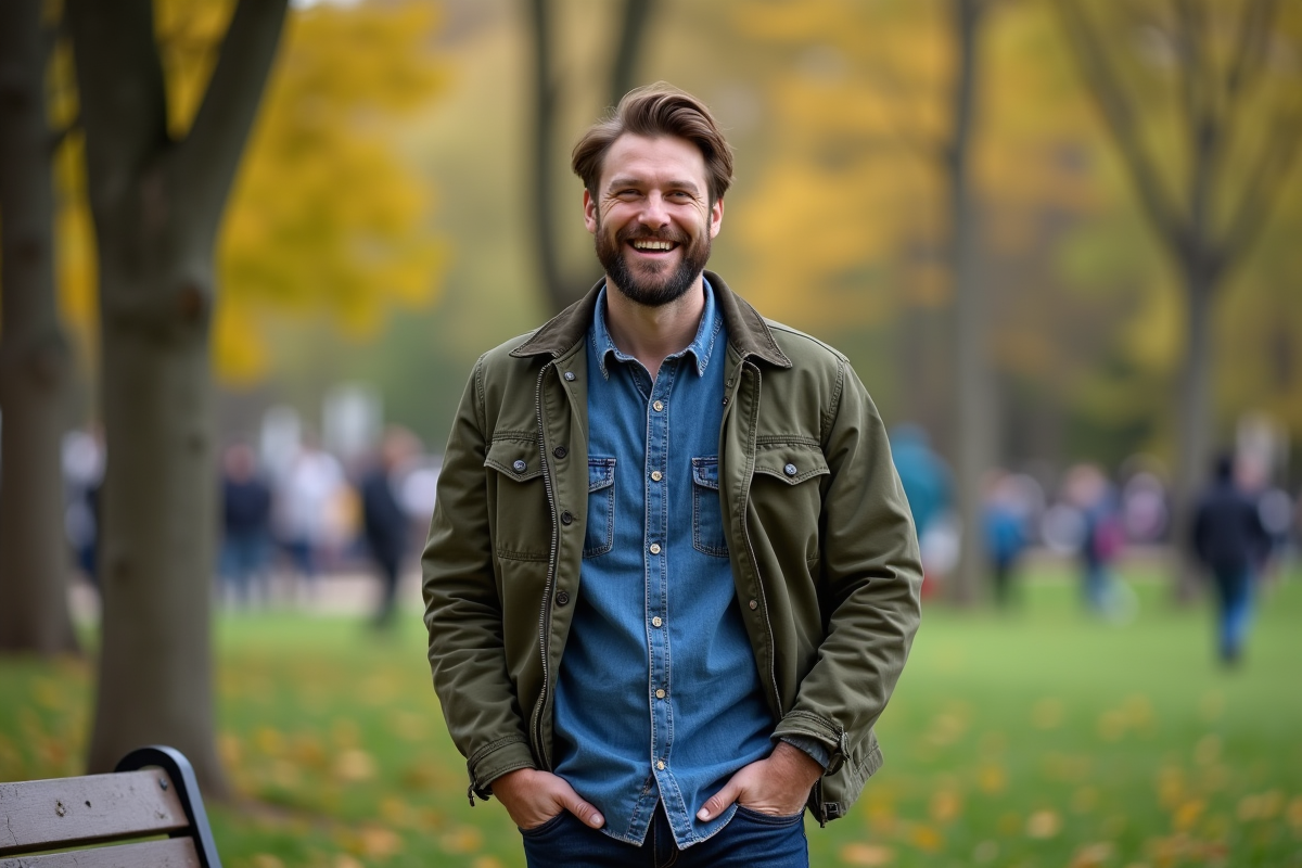 Homme barbu riant dans un parc en ville avec arbres