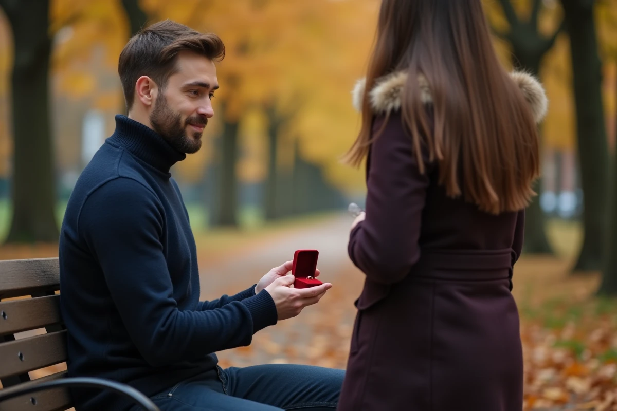 Homme agenouillé dans un parc en automne présentant un écrin avec une bague cœur magnétique lors d'une demande en mariage