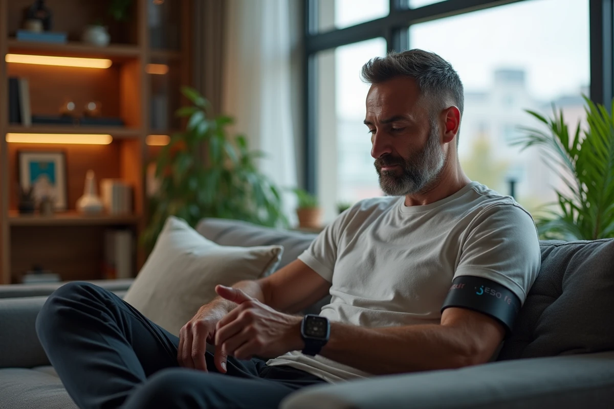 Homme ajustant un affichage numérique sur sa manche