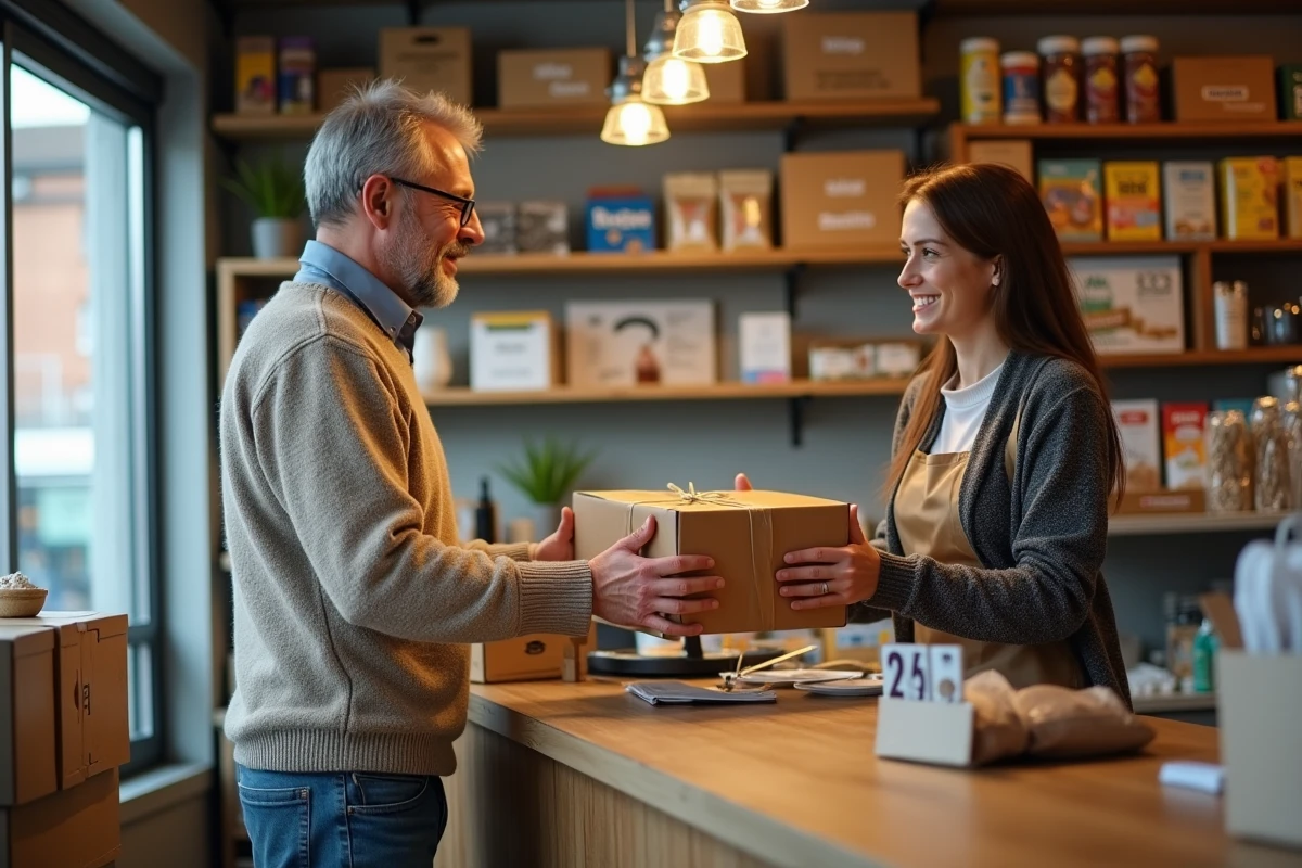 Homme remettant un colis à un commerçant en magasin
