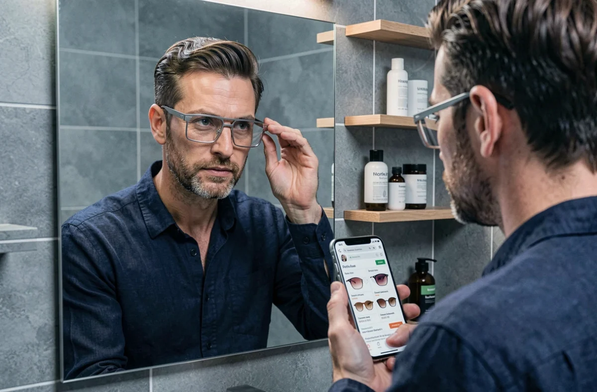 Homme essayant des lunettes tendance 2026 devant un miroir en consultant une boutique d'optique en ligne sur smartphone