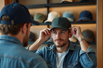 Homme en denim essayant des casquettes dans un magasin