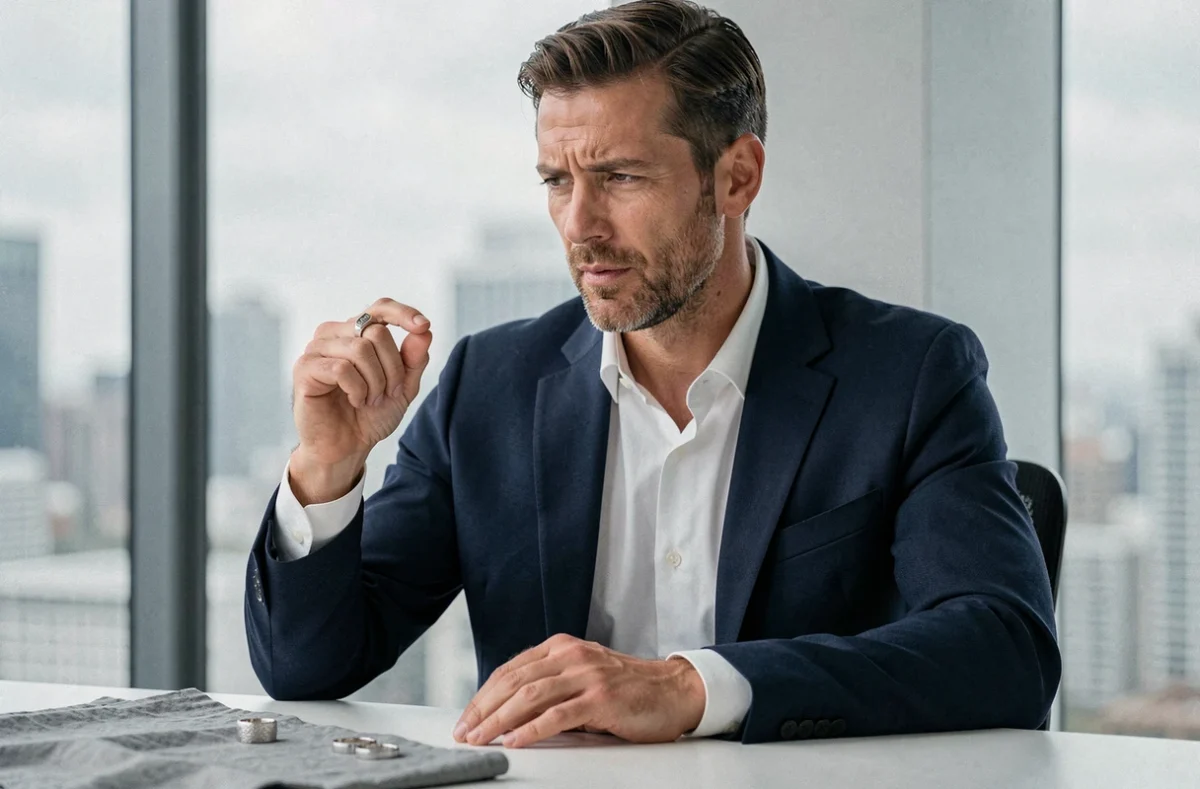 Homme en blazer marine examinant une chevalière en argent avant achat, ambiance appartement urbain moderne