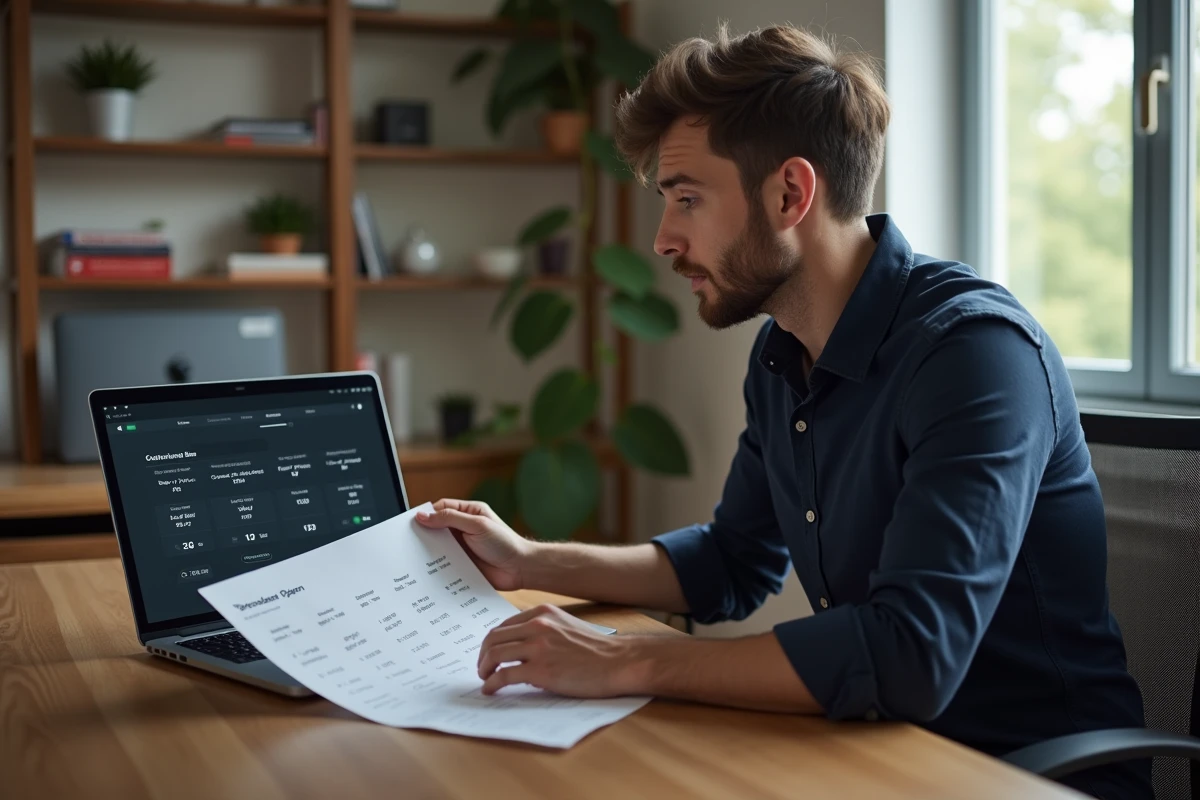 Homme consultant un guide de conversion de tailles homme Australie France sur ordinateur portable à son bureau