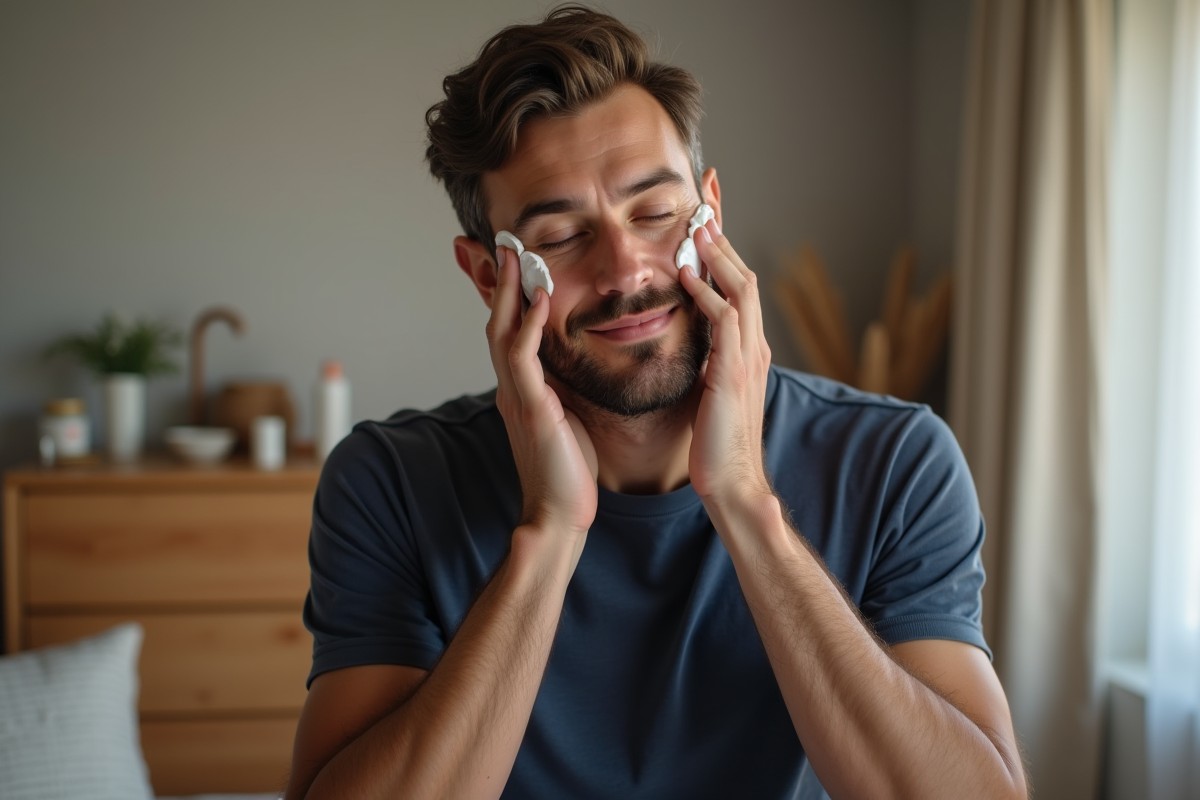 Homme appliquant crème visage dans chambre cosy