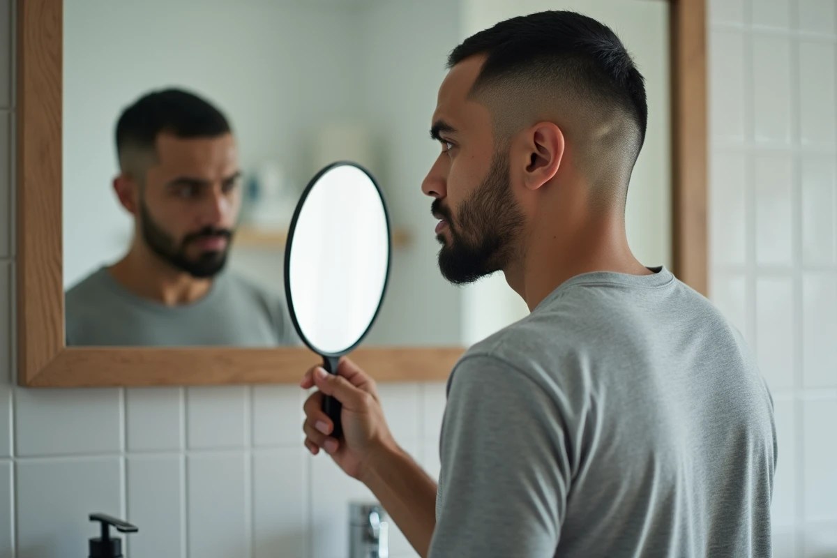 Homme inspectant l'arrière de sa tête avec un miroir à main dans une salle de bain, révélant un dégradé trop court et mal gradué