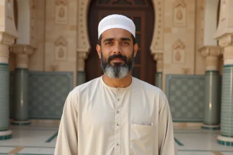 Homme musulman portant un kufi blanc traditionnel devant une cour de mosquée aux carreaux de mosaïque