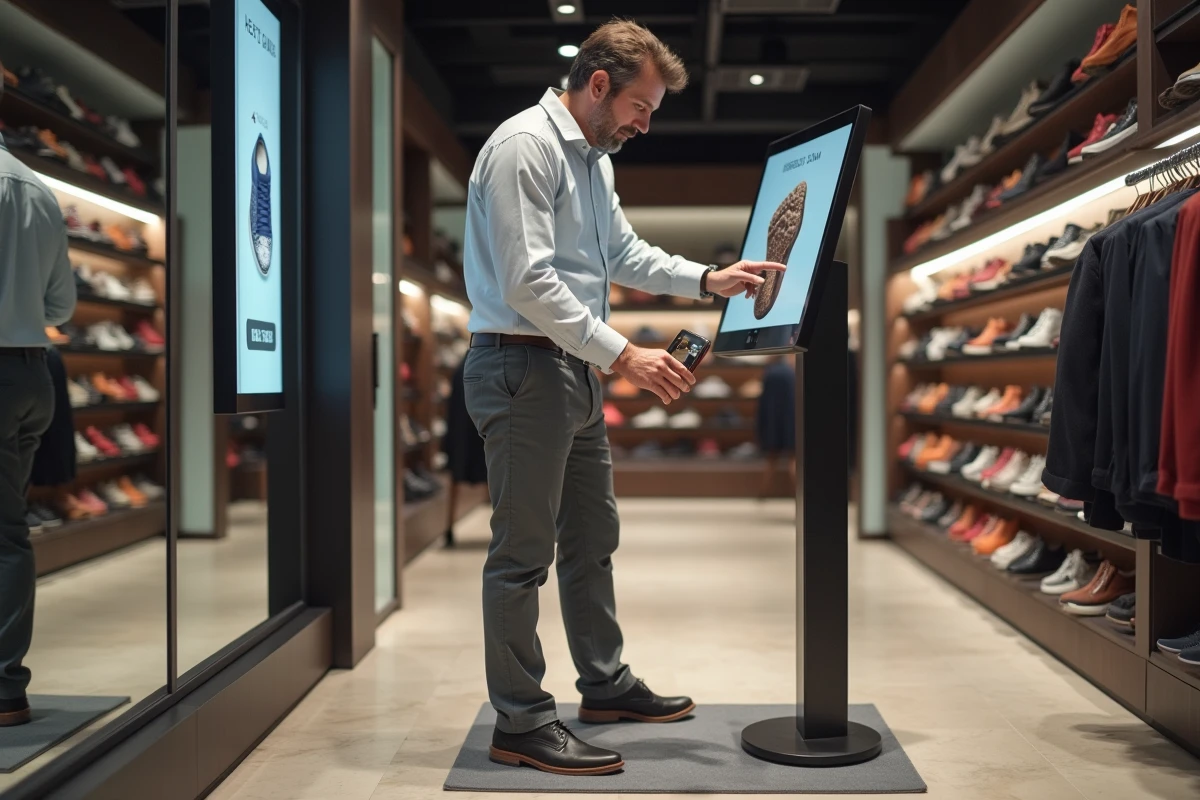Homme en magasin de chaussures utilise un kiosque de pointure digital