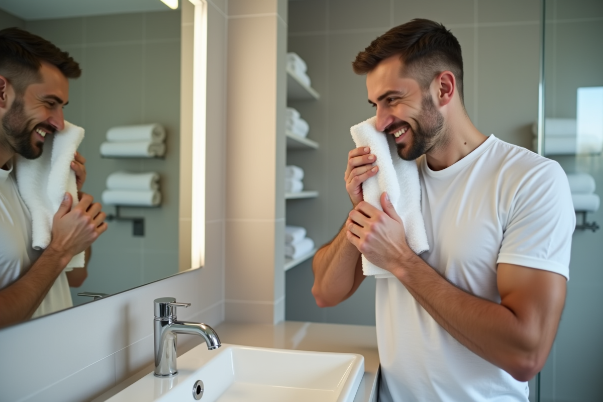 Homme se regardant dans un miroir dans une salle de bain moderne