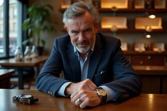 Homme d'âge moyen examinant une montre Bob Ricard dans une boutique chaleureuse