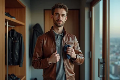 Homme nettoie un blouson en cuir dans un appartement moderne
