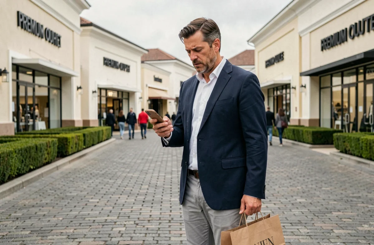 Homme consultant son téléphone devant un village outlet de luxe, tenant un sac de shopping de marque, illustrant le doute sur l'authenticité d'un achat en outlet