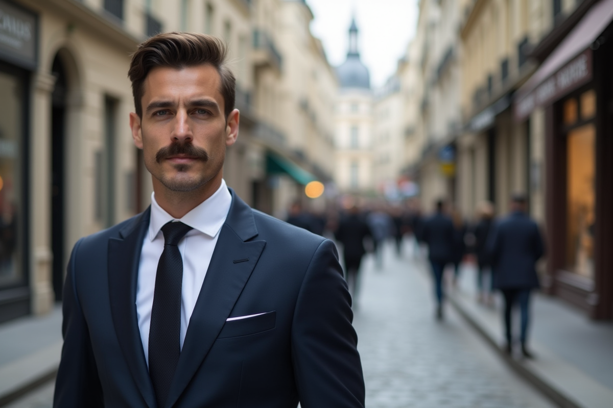 Homme élégant en costume à Paris avec rue animée