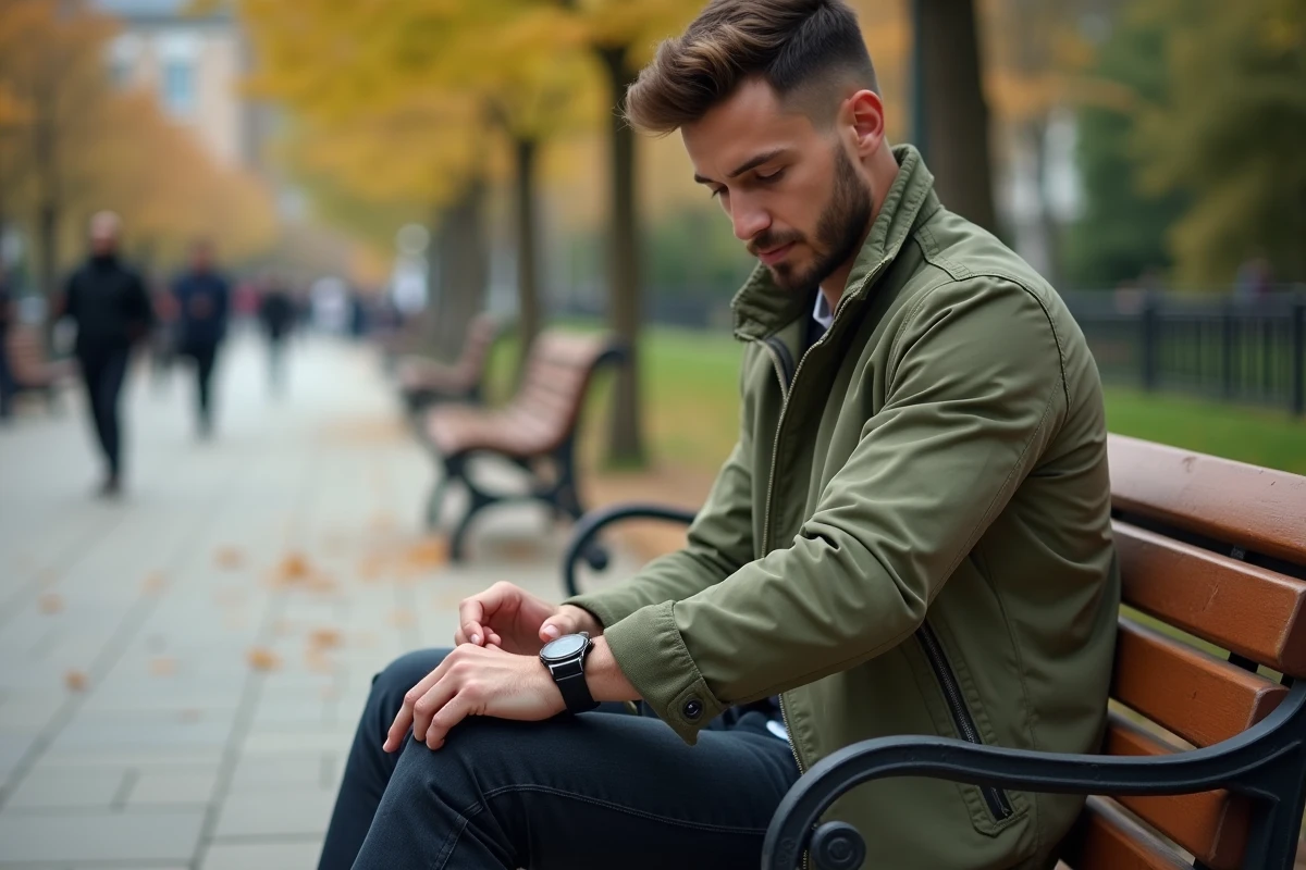 Homme décontracté vérifiant sa montre dans un parc urbain