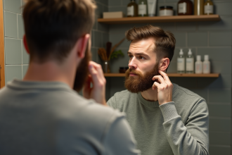 Homme se rasant dans sa salle de bain chaleureuse