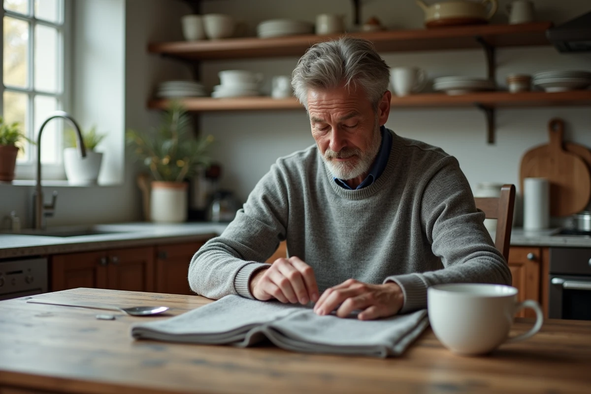 Homme retire doucement une étiquette aimantée d’un pull dans la cuisine