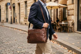 Homme en blazer marine portant une sacoche cuir bandoulière pour ordinateur portable dans une rue pavée européenne