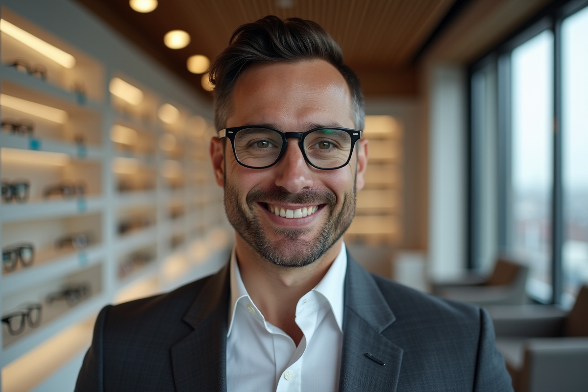 Homme professionnel choisissant des lunettes dans un studio lumineux