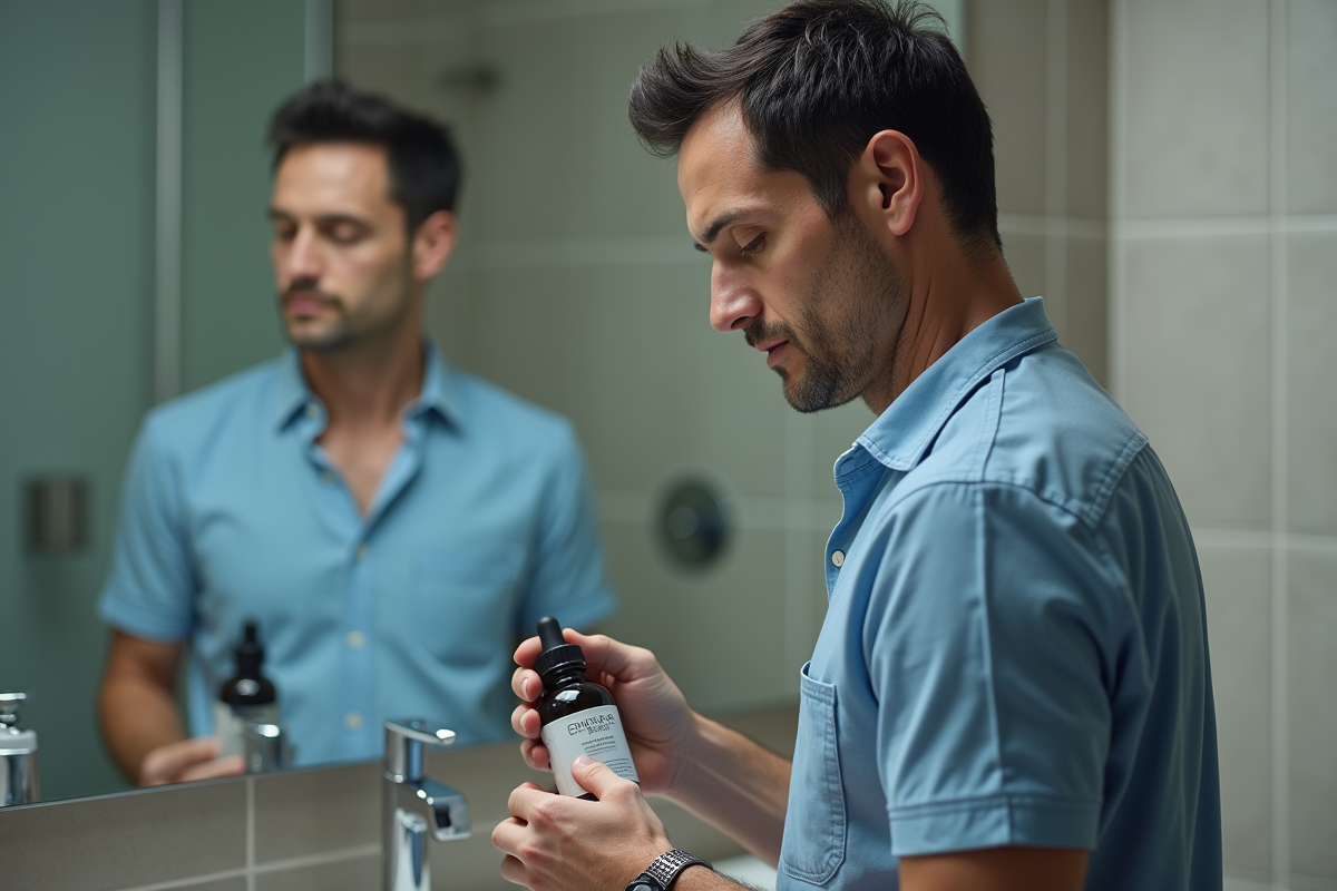 Homme examinant un flacon de serum dans la salle de bain