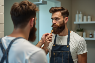 Homme barbu en train de se coiffer dans la salle de bain