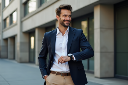Homme élégant en blazer navy devant une ville moderne