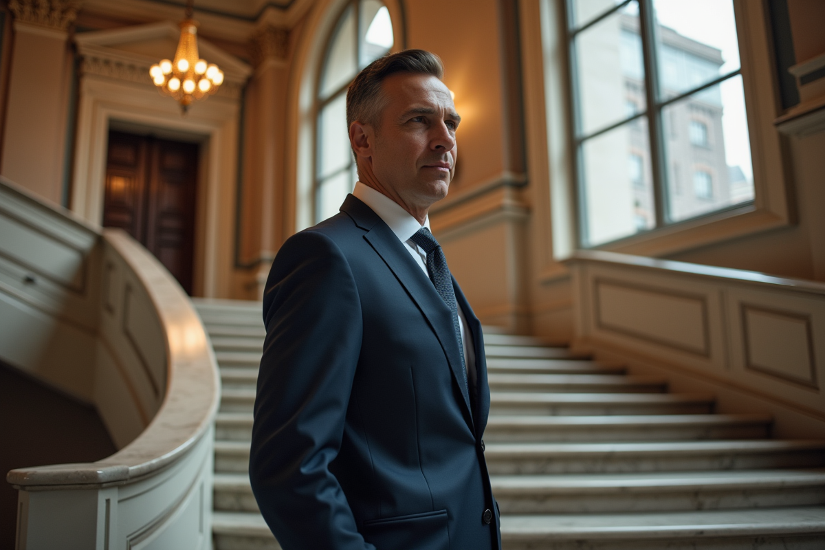 Homme en costume sur un escalier historique